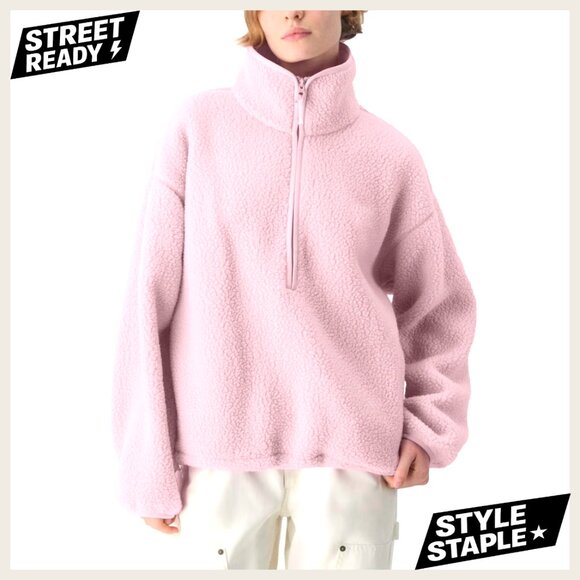 Oversized Sherpa Fleece Jacket Quarter Zip Pullover Warm Teddy Coat with Pockets